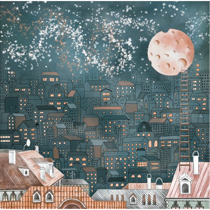 Ilustração de cidade com casas, arranha-céus, céu estrelado e planeta cor de rosa