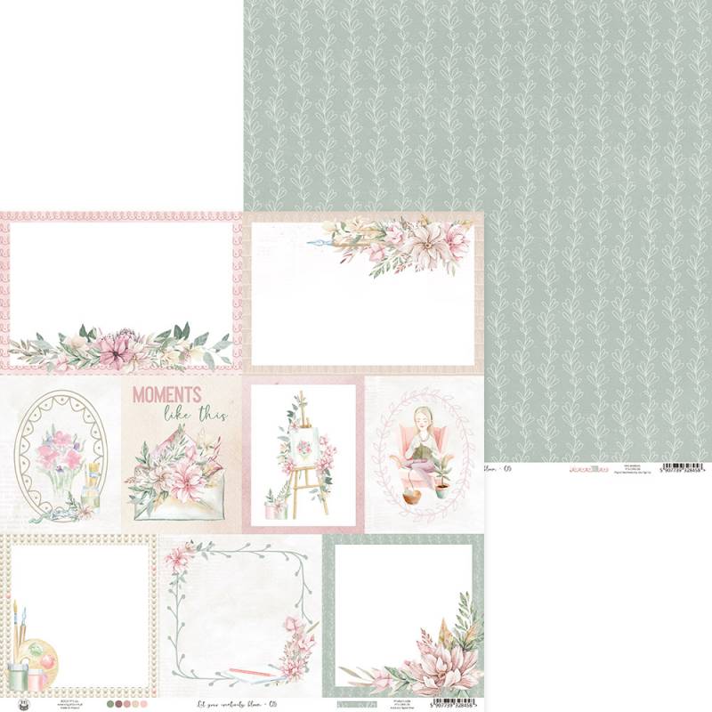 Papel decorativo para scrapbooking com flores, texto e padrão em tons pastel