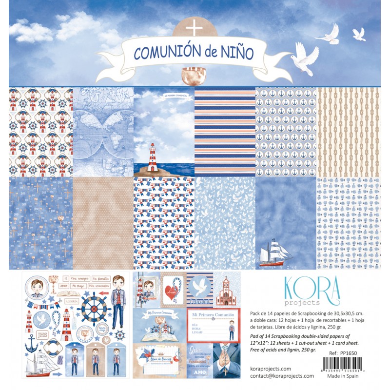 Papel decorativo para comunhão de menino com temas náuticos e infantis em azul e bege.