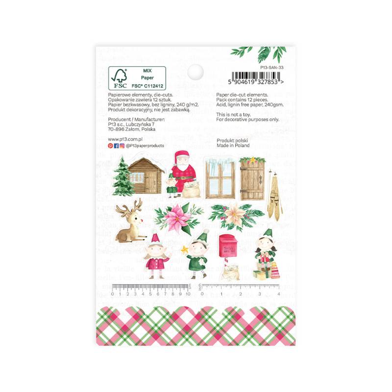 Pacote de papel decorativo com ilustrações natalícias e padrão xadrez