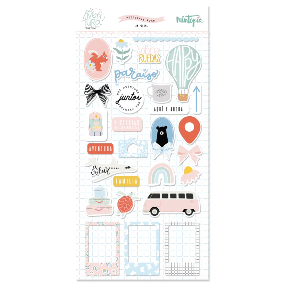 Folha de autocolantes decorativos com desenhos e textos em português para scrapbooking