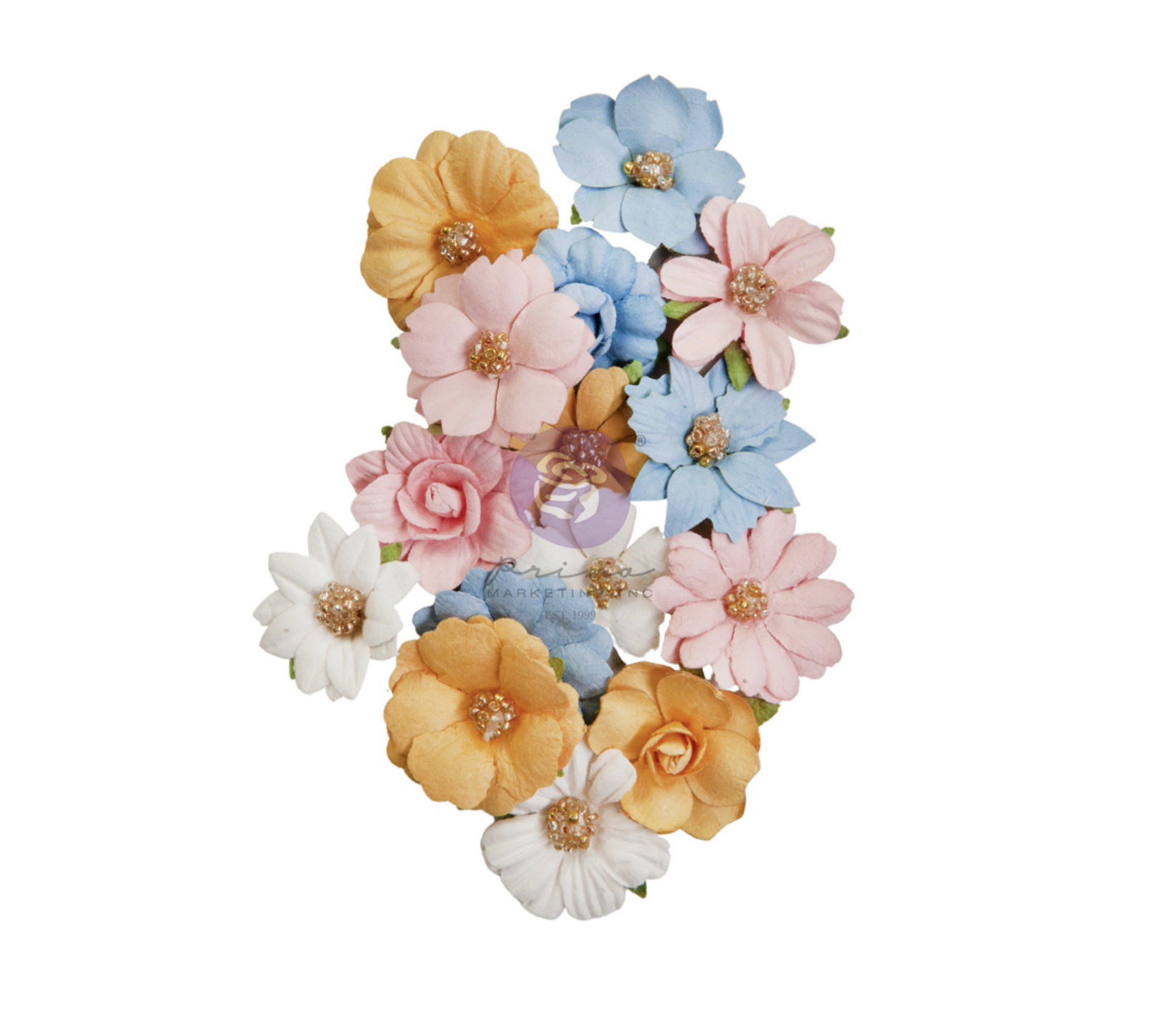 Flores artificiais coloridas em tecido com centros dourados