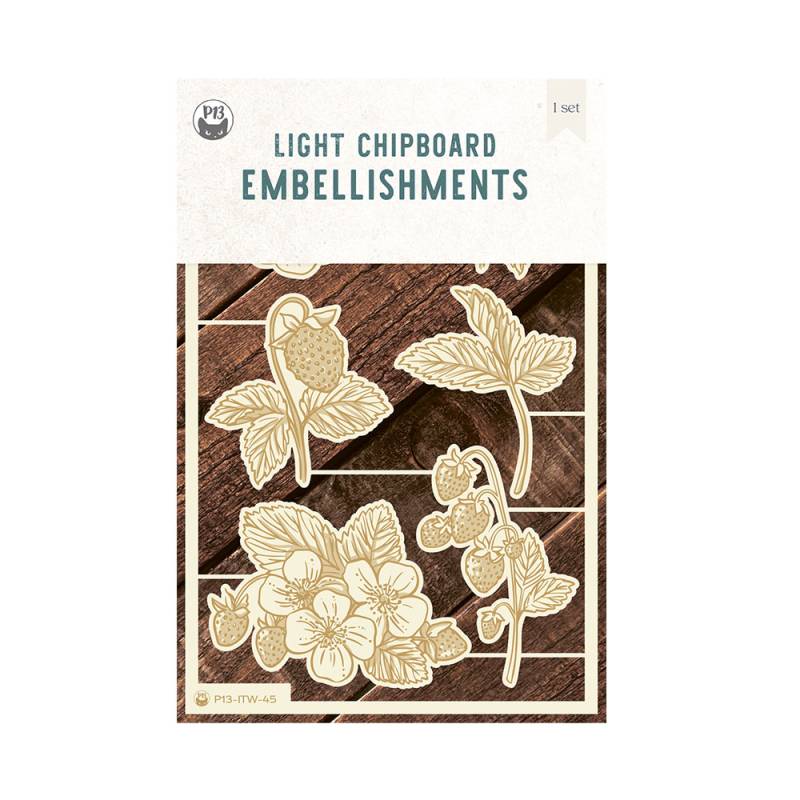 Conjunto de 5 elementos decorativos em chipboard leve com design de flores e frutos em fundo que simula madeira