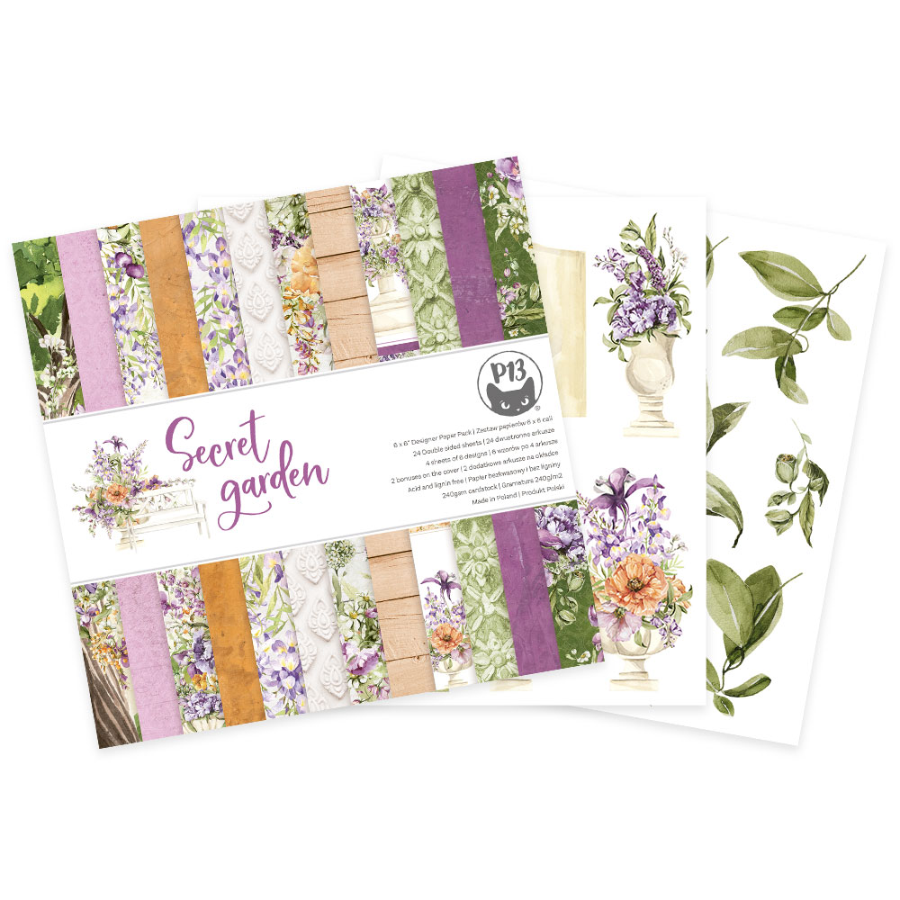 Conjunto de papel de scrapbook 'Secret Garden' com padrões florais e folhas verdes em embalagem P13