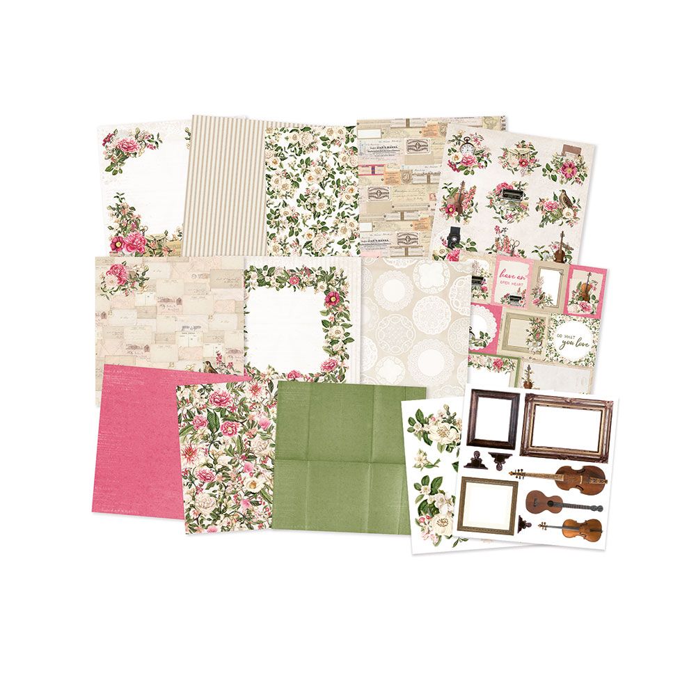 Folhas decorativas variadas para artesanato com padrões florais, texturas e molduras em tons rosa, verde, bege e branco