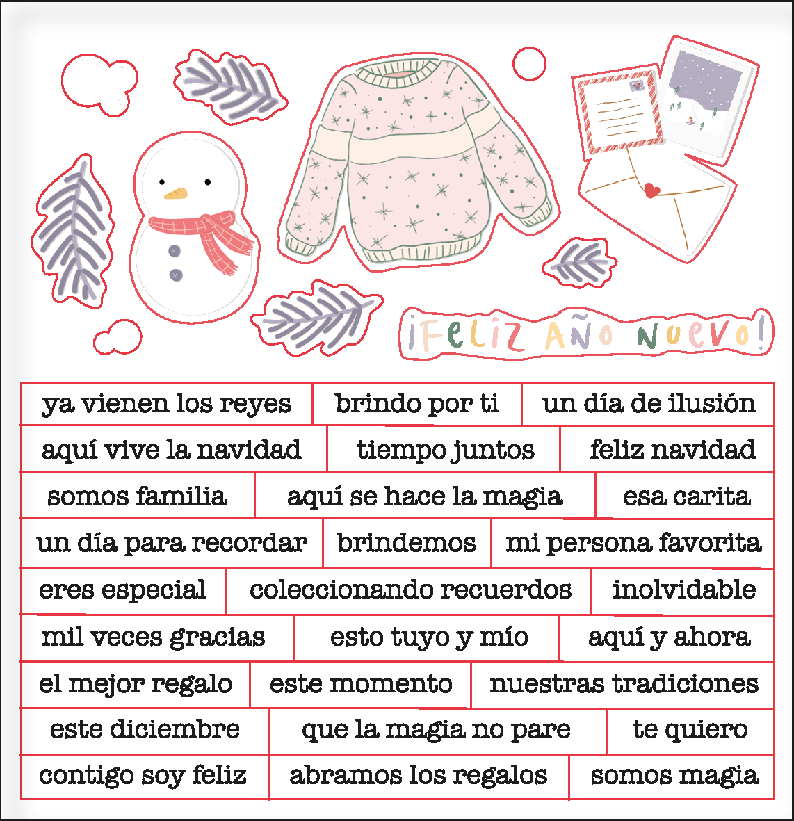 Camisola estampada, boneco de neve e cartões com texto em espanhol