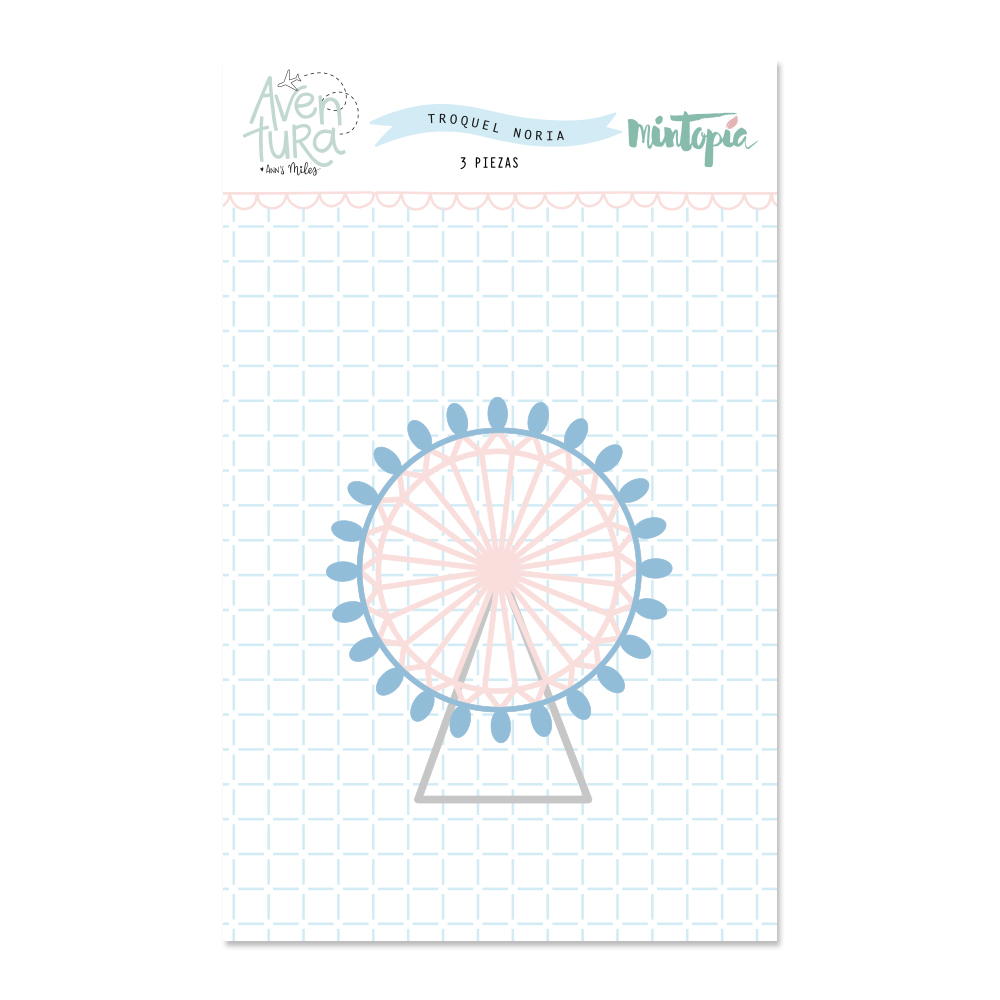 Molde de papel com desenho de roda-gigante em cores pastel e texto em espanhol