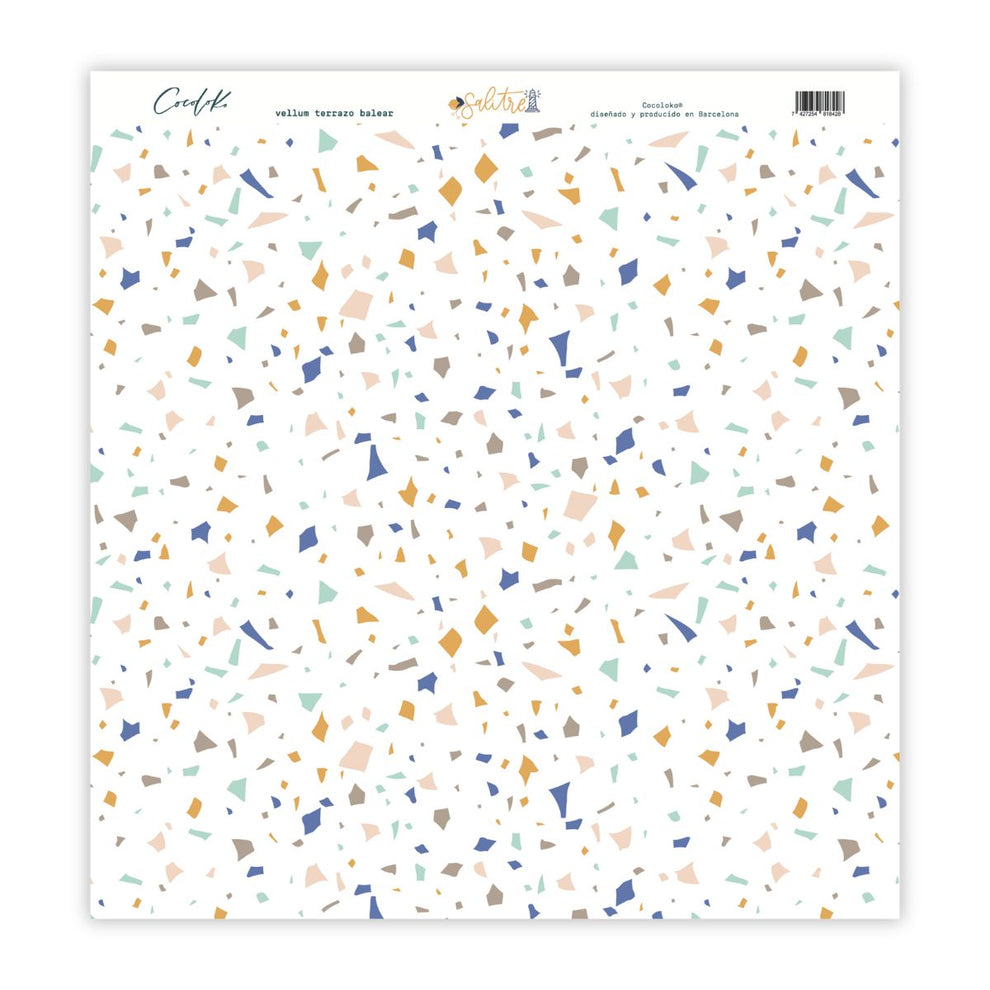 Papel decorativo branco com padrão terrazzo colorido e texto impresso no topo