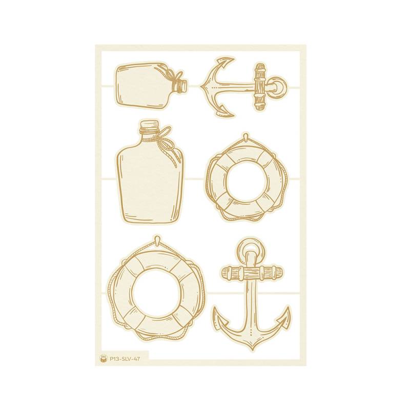 Adesivos dourados com âncoras, boias e garrafas em fundo branco