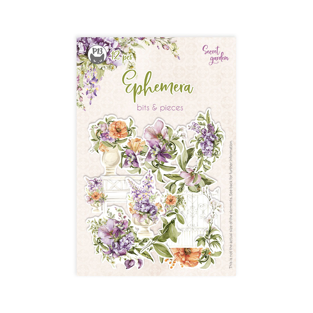 Folha de ephemera decorativa com flores em lilás e laranja