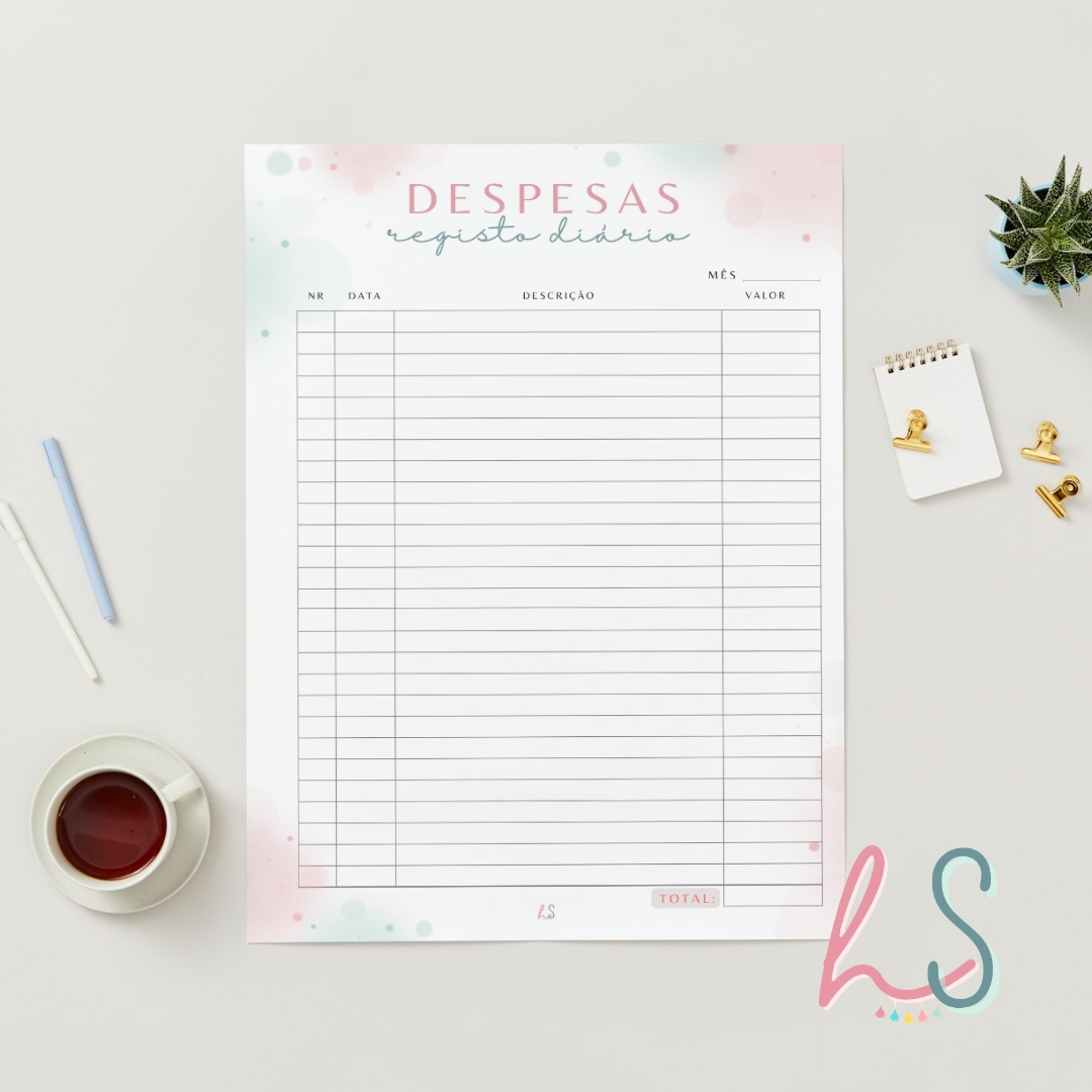 Planner Despesas Registo Diário A4 Ficheiro Digital