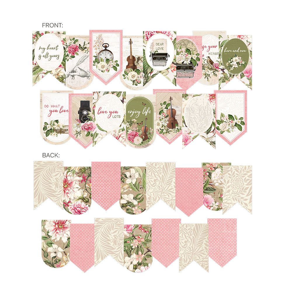 Bandeirolas decorativas com padrões florais e frases em inglês em rosa, verde e bege.