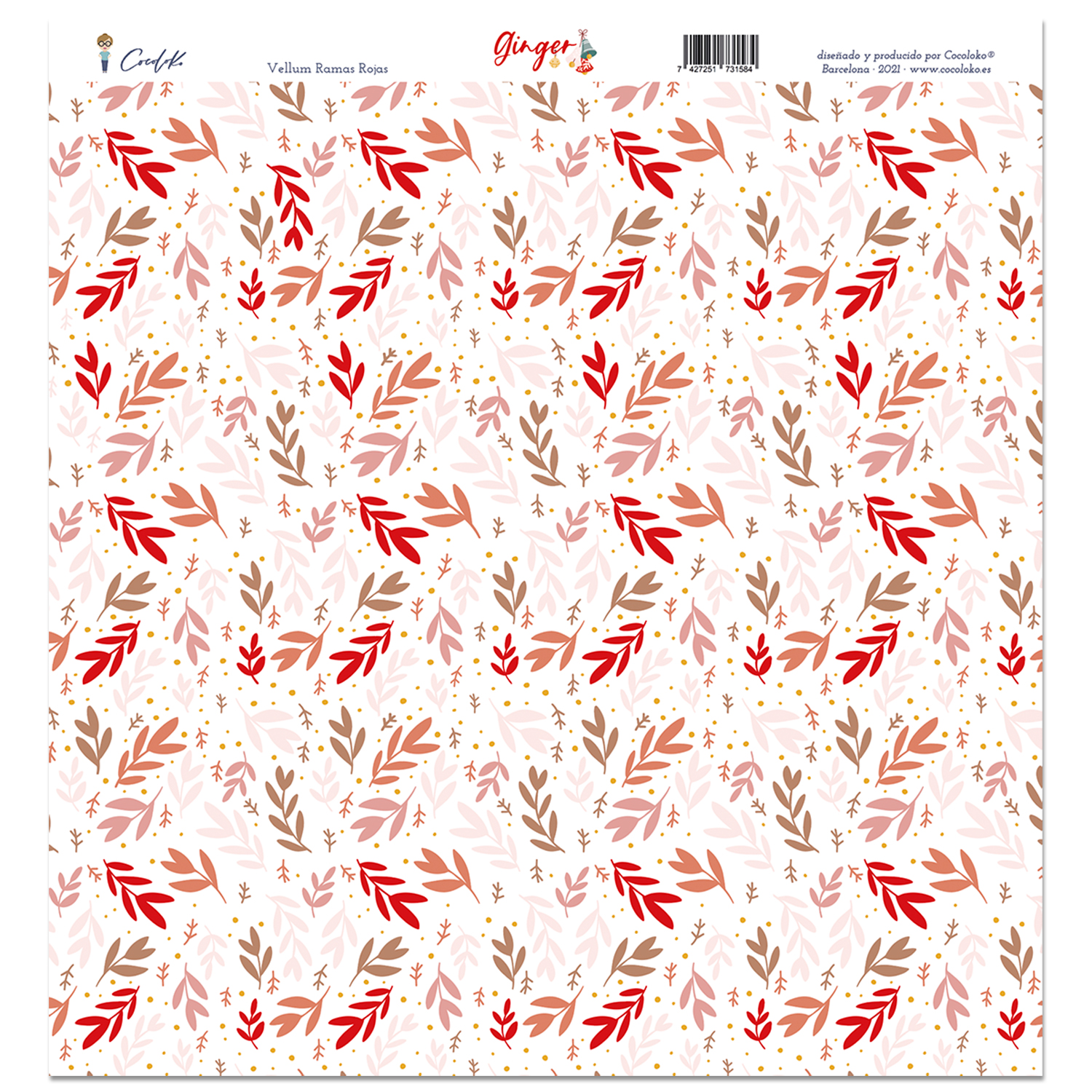 Papel decorativo com padrão floral em vermelho, rosa e dourado, texto e código de barras na parte superior