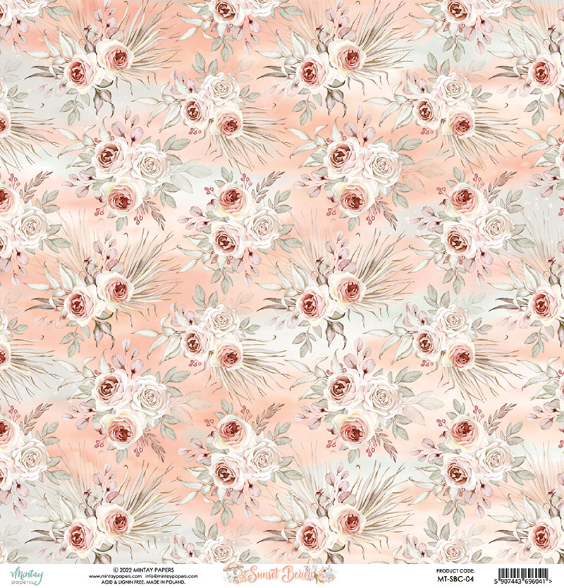 Papel decorativo floral em tons pastel com texto de identificação