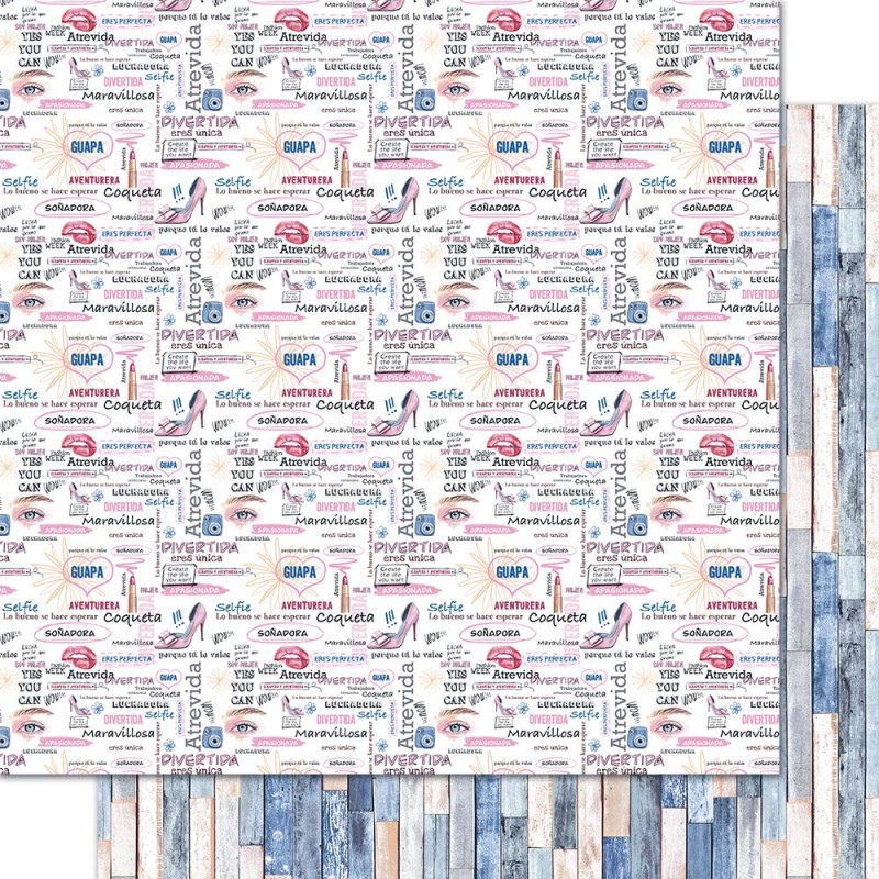 Papel decorativo para scrapbooking com frases coloridas e padrão de madeira azul e branco