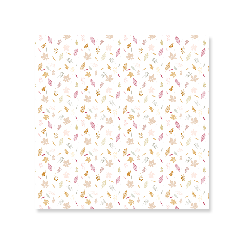 Papel decorativo com padrão de pequenas folhas coloridas sobre fundo branco