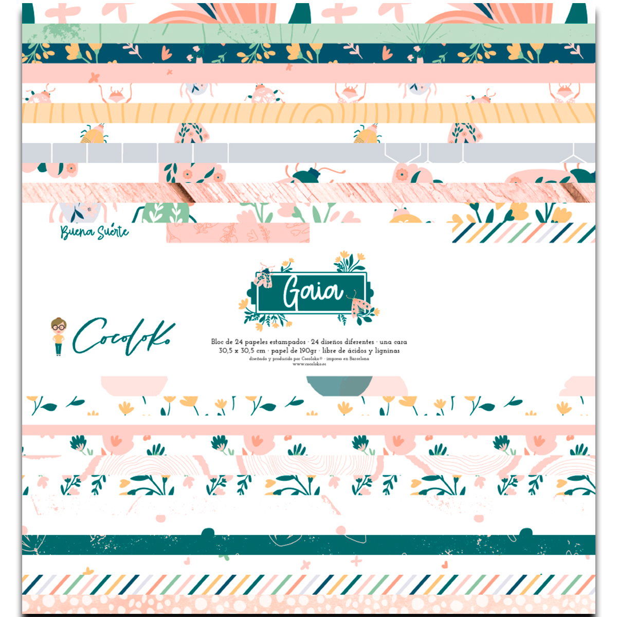 Papel decorativo estampado com motivos florais coloridos