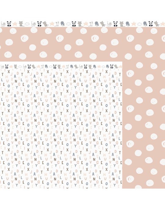 Papel de embrulho com padrão de pontos brancos e letras sobre fundo branco e rosa