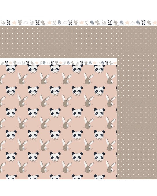 Tecido com padrão de pandas, coelhos e pontos em tons rosa e castanho claro