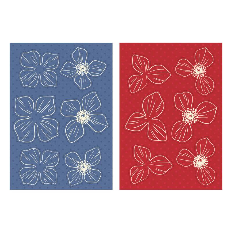 Dois painéis decorativos com padrão floral, um azul e outro vermelho.