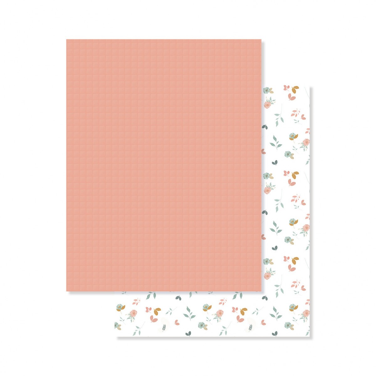 Duas folhas de papel, uma rosa salmão com linhas e outra branca com padrão floral colorido