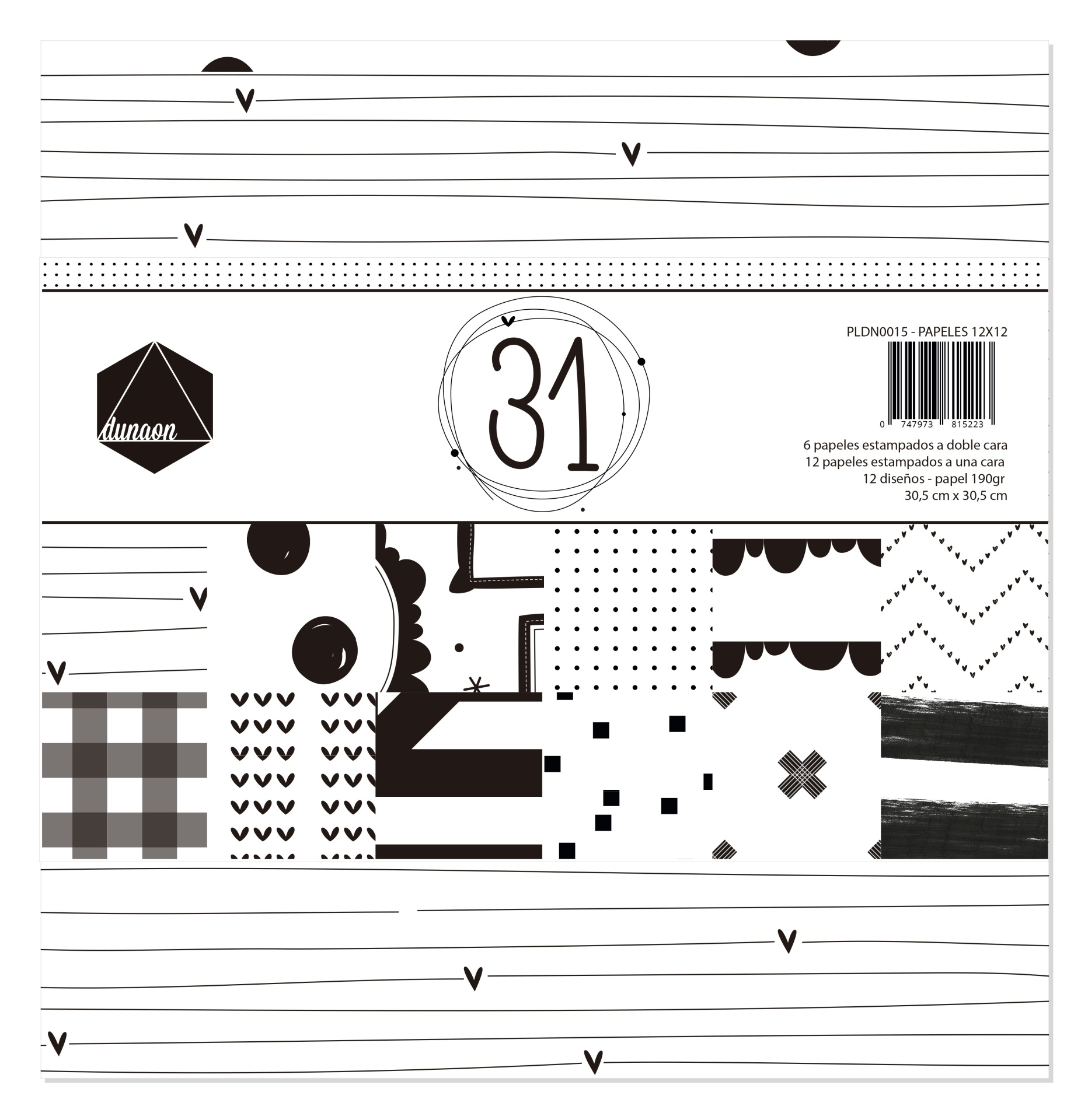 Papel estampado para scrapbooking com várias padronagens preto e branco e etiqueta com texto de embalagem