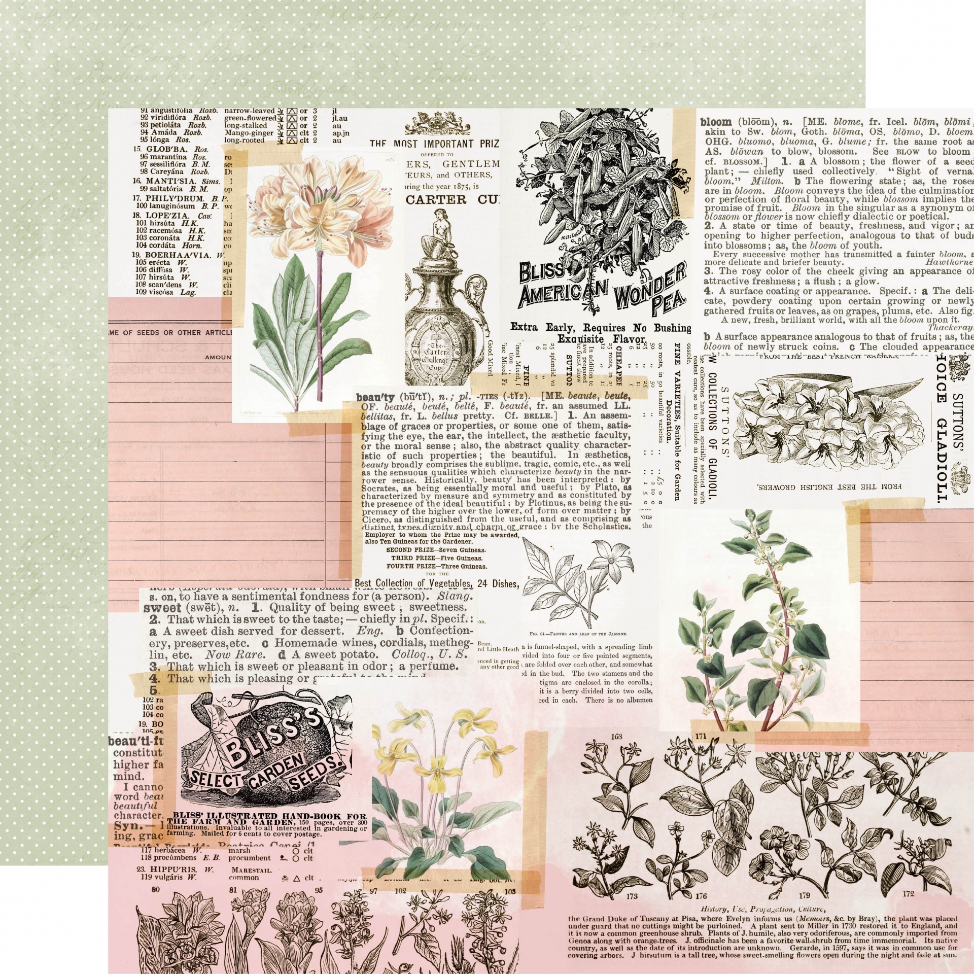 colagem de papéis com flores, textos em inglês e padrões vintage coloridos