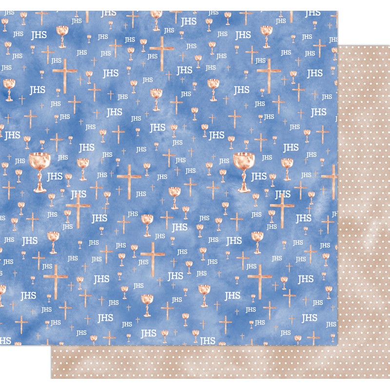 Papel de embrulho azul com padrão de cruzes e copas douradas, verso bege com bolinhas brancas