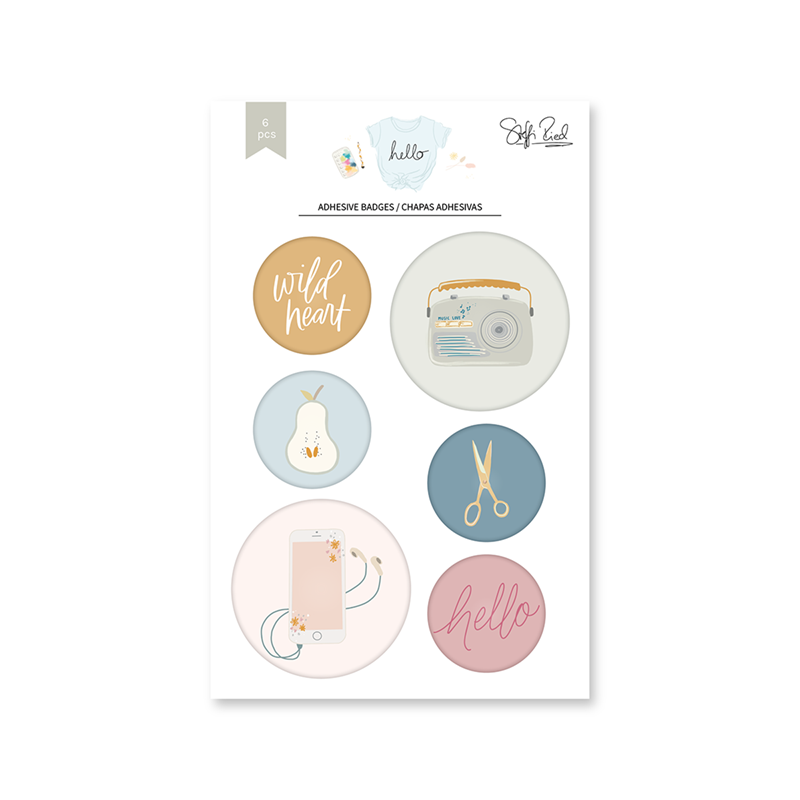 Conjunto de 6 badges autocolantes com desenhos e palavras em cores pastel
