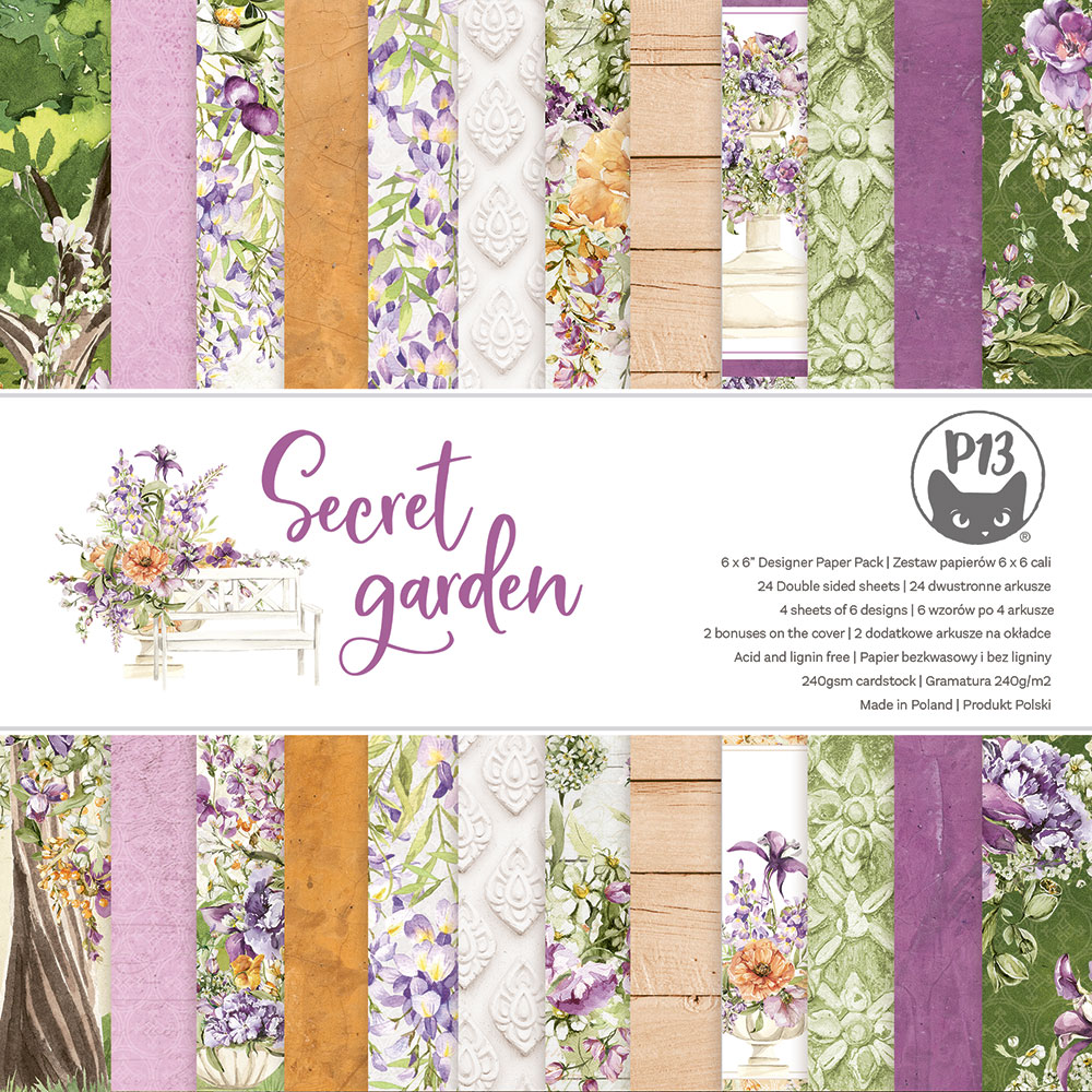 Papel de scrapbook 'Secret garden' da P13 com padrões florais e texturas em várias cores.