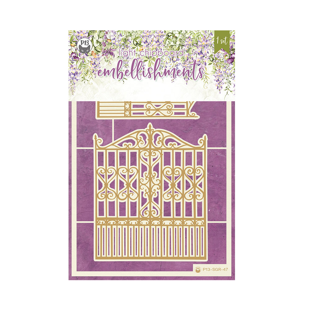 Imagem de embalagem com recorte decorativo dourado em forma de portão ornamental sobre fundo roxo e detalhes florais.