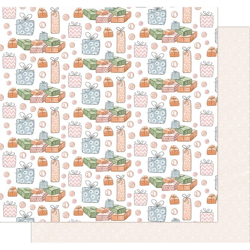 Papel de embrulho decorado com padrão de presentes coloridos em tons pastel.