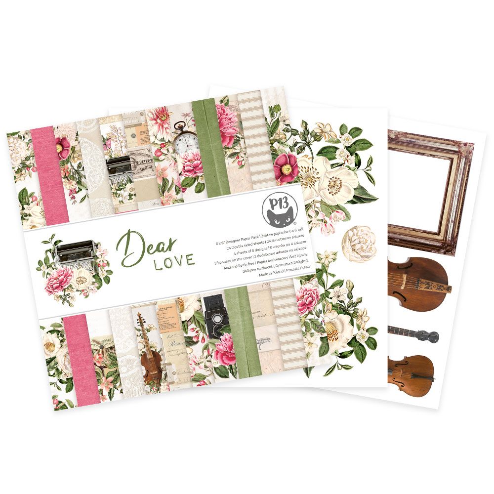 Conjunto de papéis e elementos decorativos para scrapbooking com padrões florais e imagens de violinos