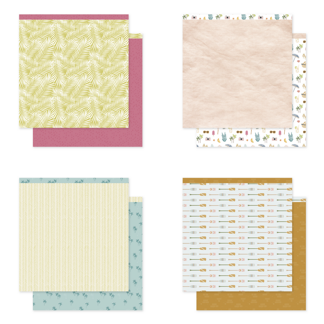 Conjunto de quatro papéis decorativos com padrões variados em sobreposição