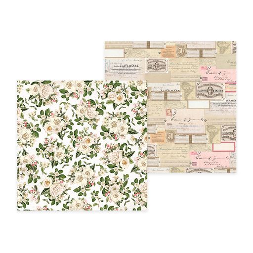 Papel de presente com padrão floral e design vintage de etiquetas antigas.