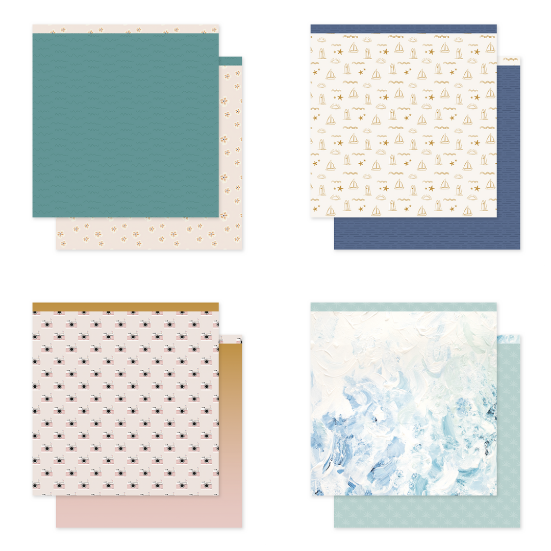 Quatro pares de papéis decorativos com diferentes padrões e cores