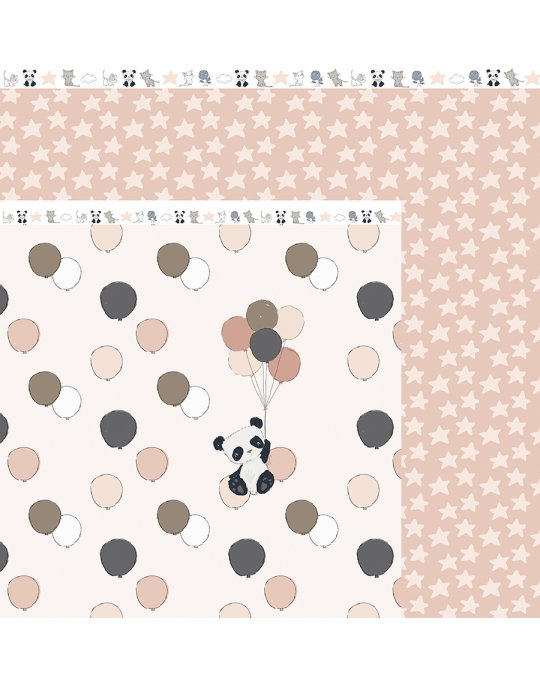 Tecido com balões cinza, bege e rosa, panda e estrelas brancas em fundo rosa