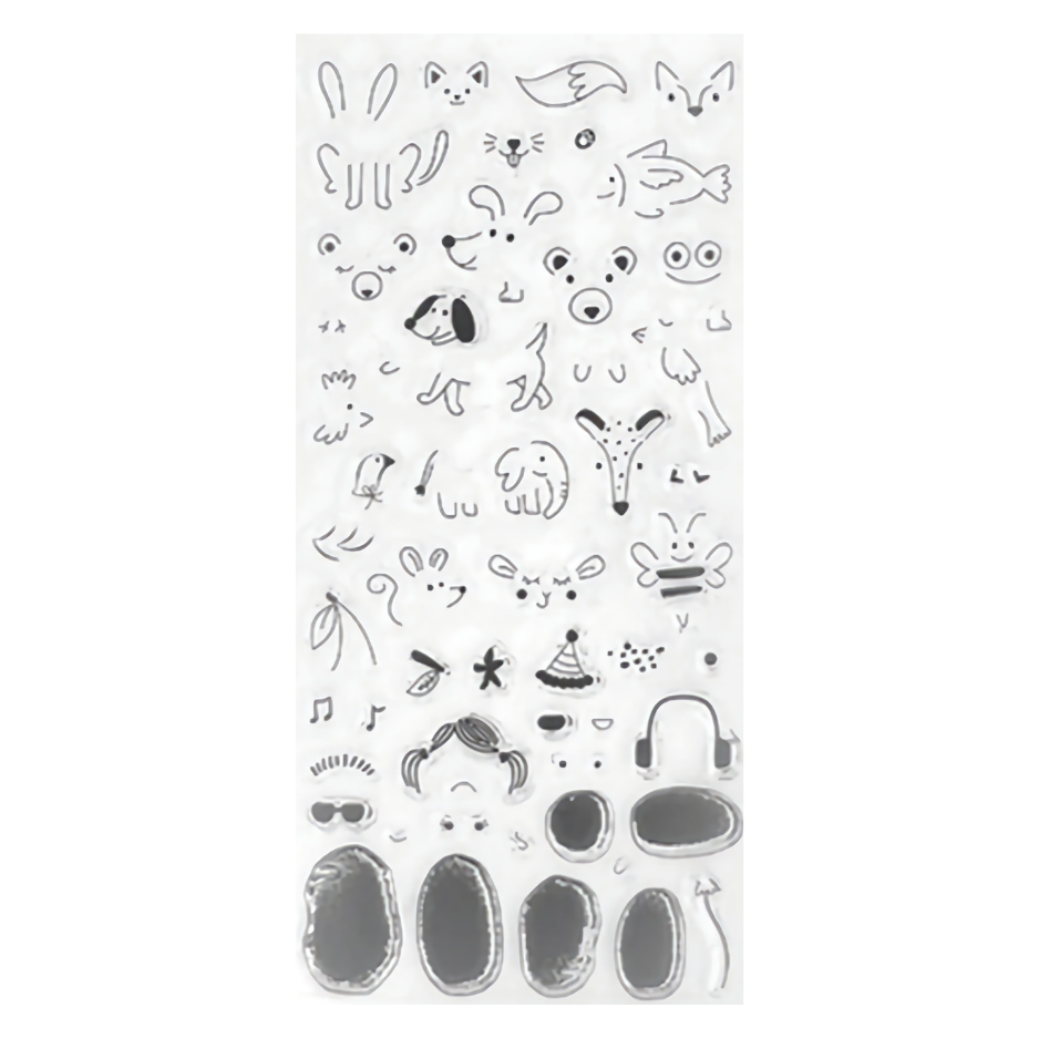 Folha transparente com carimbos em preto e branco de partes e expressões de animais