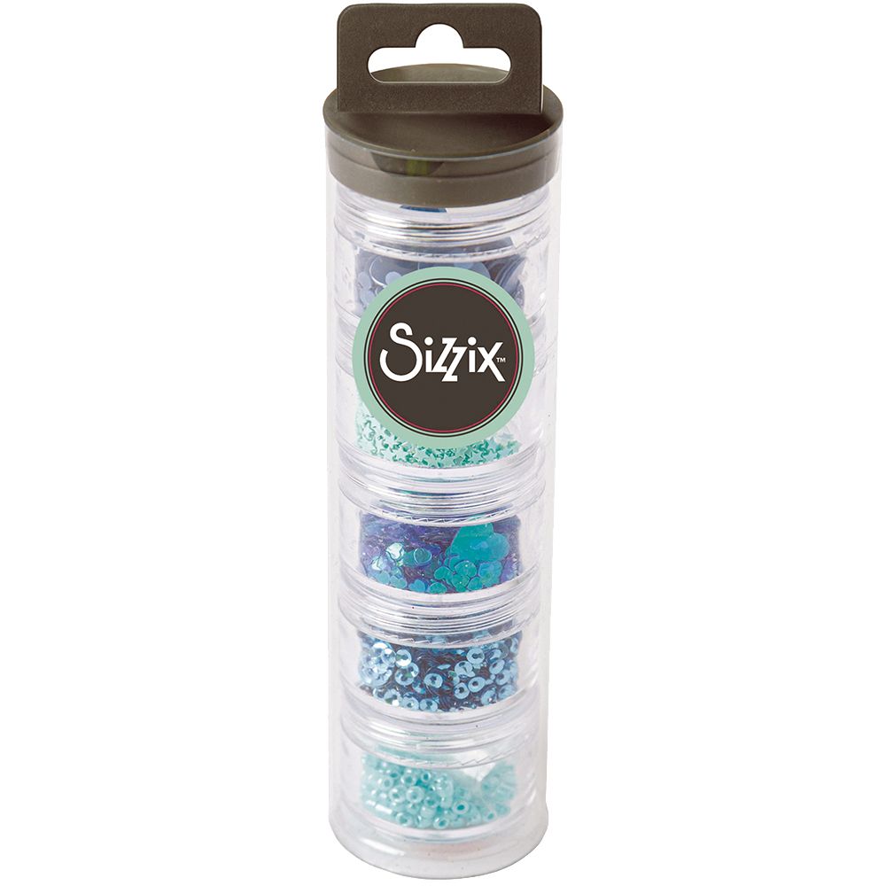 Frasco com quatro recipientes empilhados contendo lantejoulas azuis e verdes