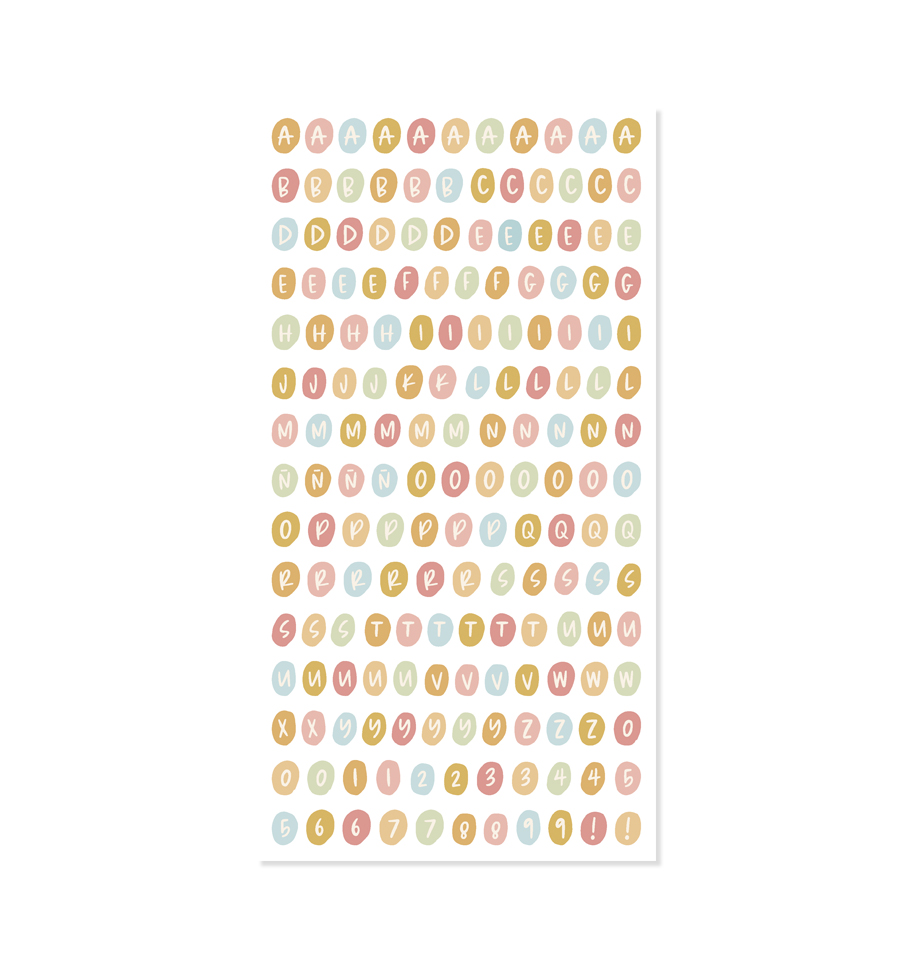Folha de autocolantes com letras e números coloridos em círculos e ovais