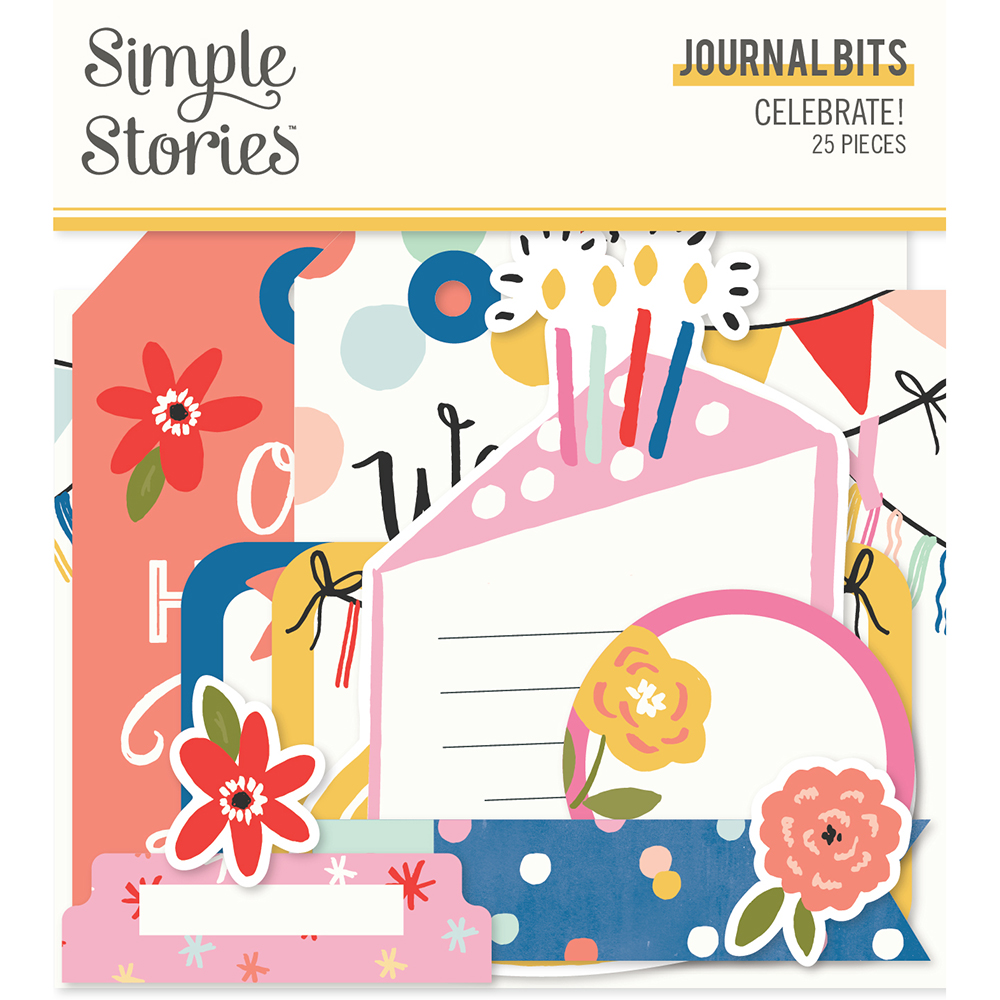 Conjunto de peças de papel decorativas Simple Stories JOURNAL BITS Celebrate com tema de festa e cores vibrantes