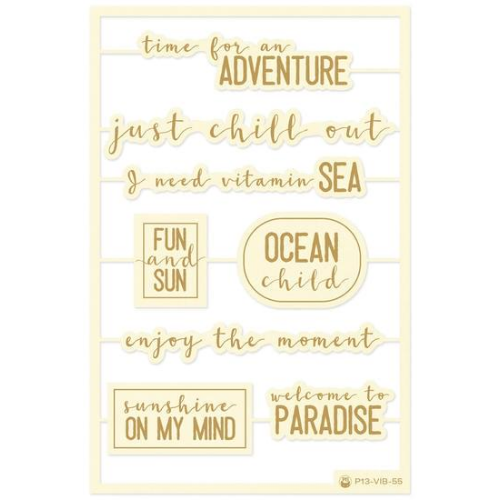 Autocolantes decorativos com frases em inglês sobre o mar e o verão em tons de bege e amarelo