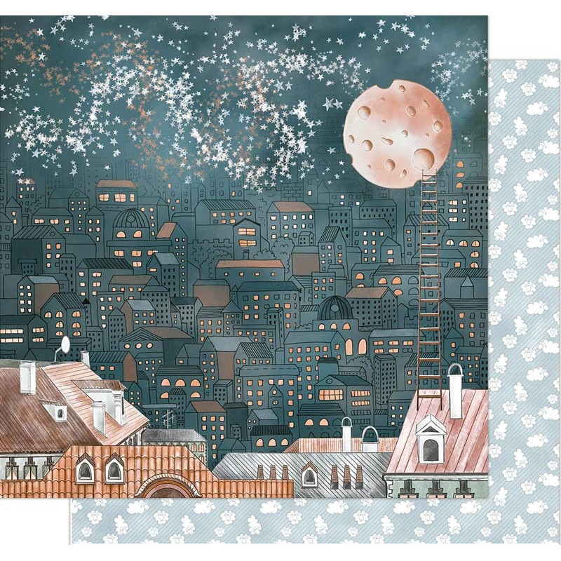 Papel decorativo com padrão cidade noturna e flores