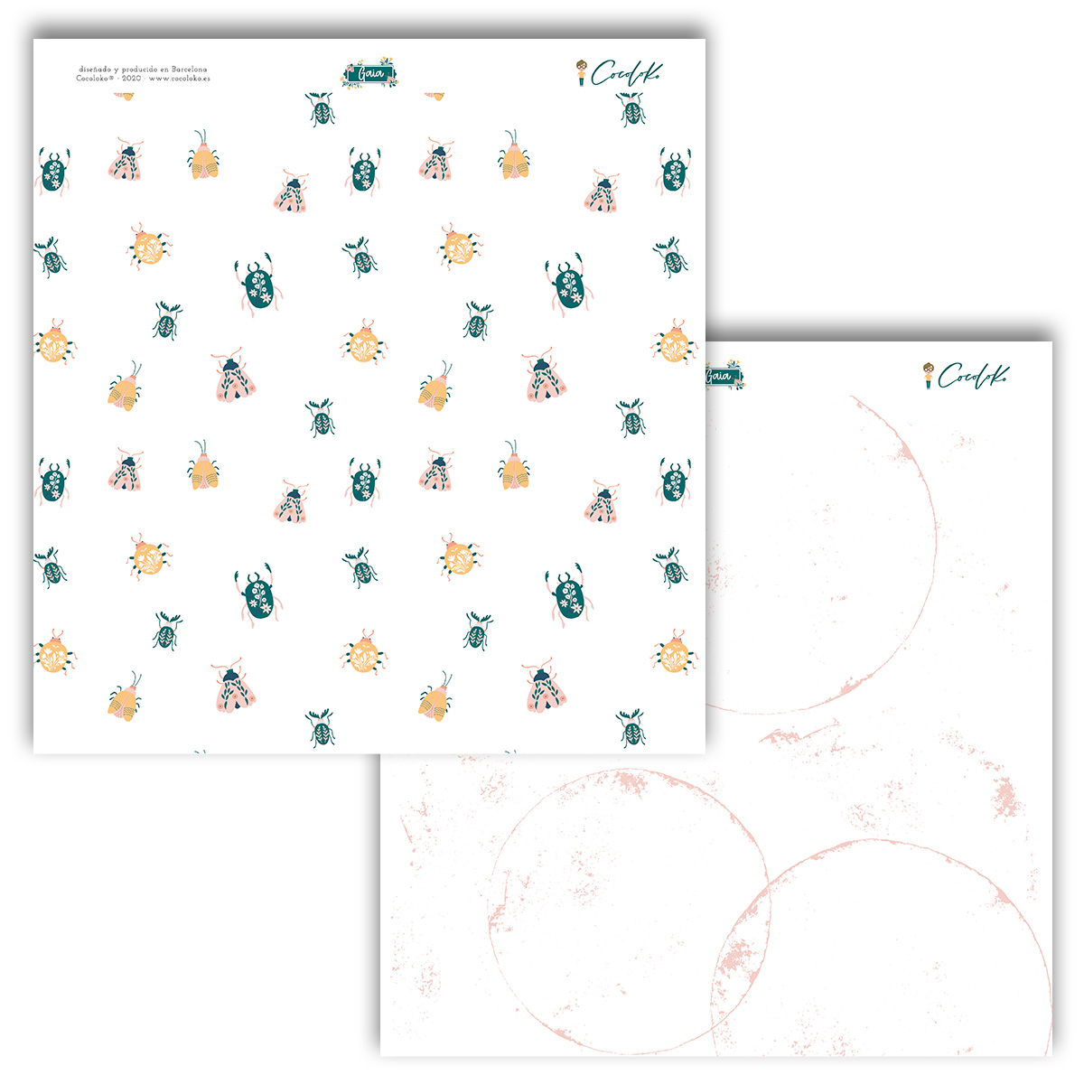 Duas folhas de papel decorativo com estampas de insetos e círculos em fundo branco