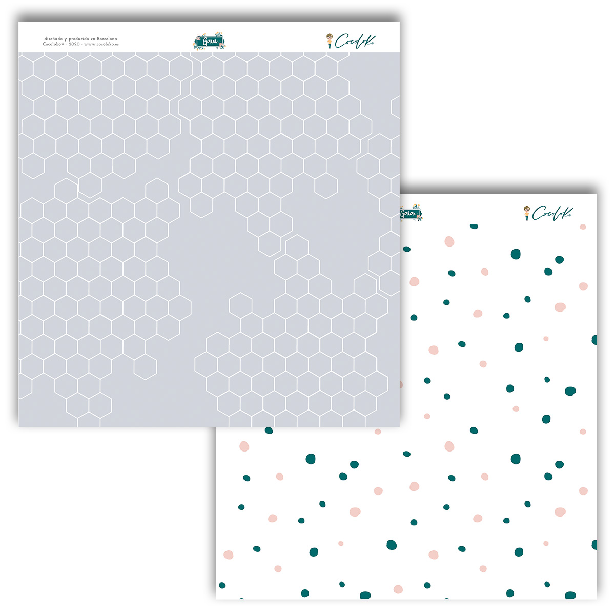 Dois papéis decorativos com padrões geométricos e topo branco com texto e logotipo.