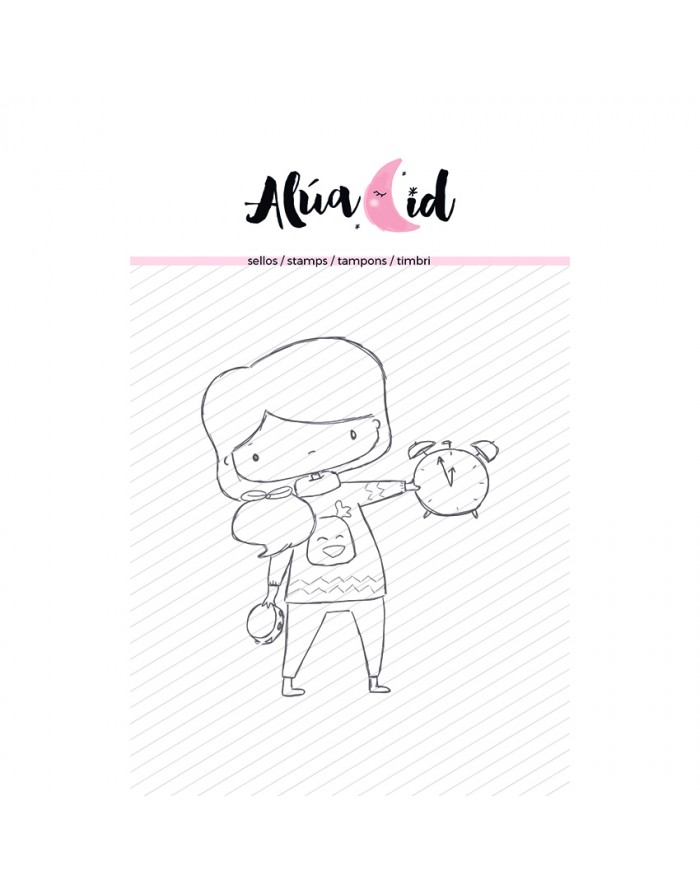 Carimbo com desenho de personagem infantil segurando despertador em preto e branco