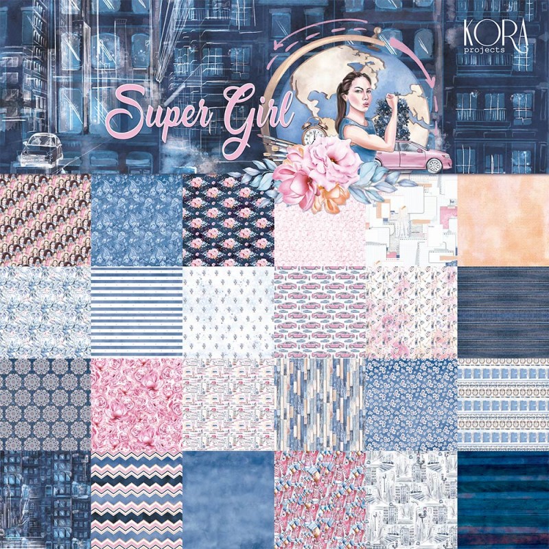 Padrões coloridos em tons de azul, rosa e branco com o texto 'Super Girl' e logo 'KORA projects'.