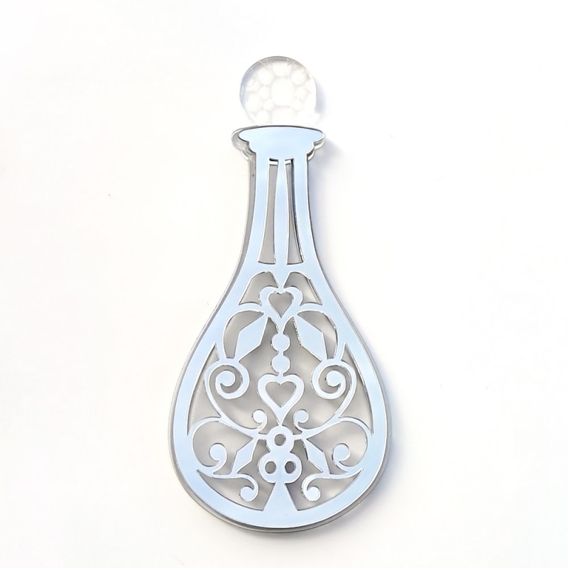 Espelho decorativo em formato de garrafa com design recortado prateado e topo redondo translúcido