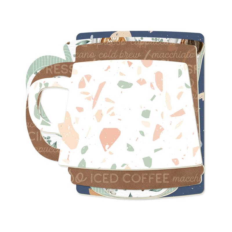 Conjunto de bases para copos com padrão terrazzo e texto relacionado a café