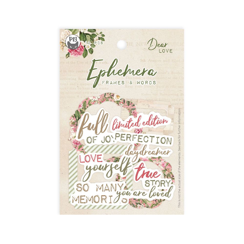 Conjunto de palavras decorativas em papel com frases em inglês e elementos florais, embalado em cartão claro com design floral.